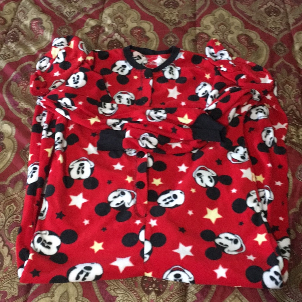 Mickey Mouse onesie pajamas.